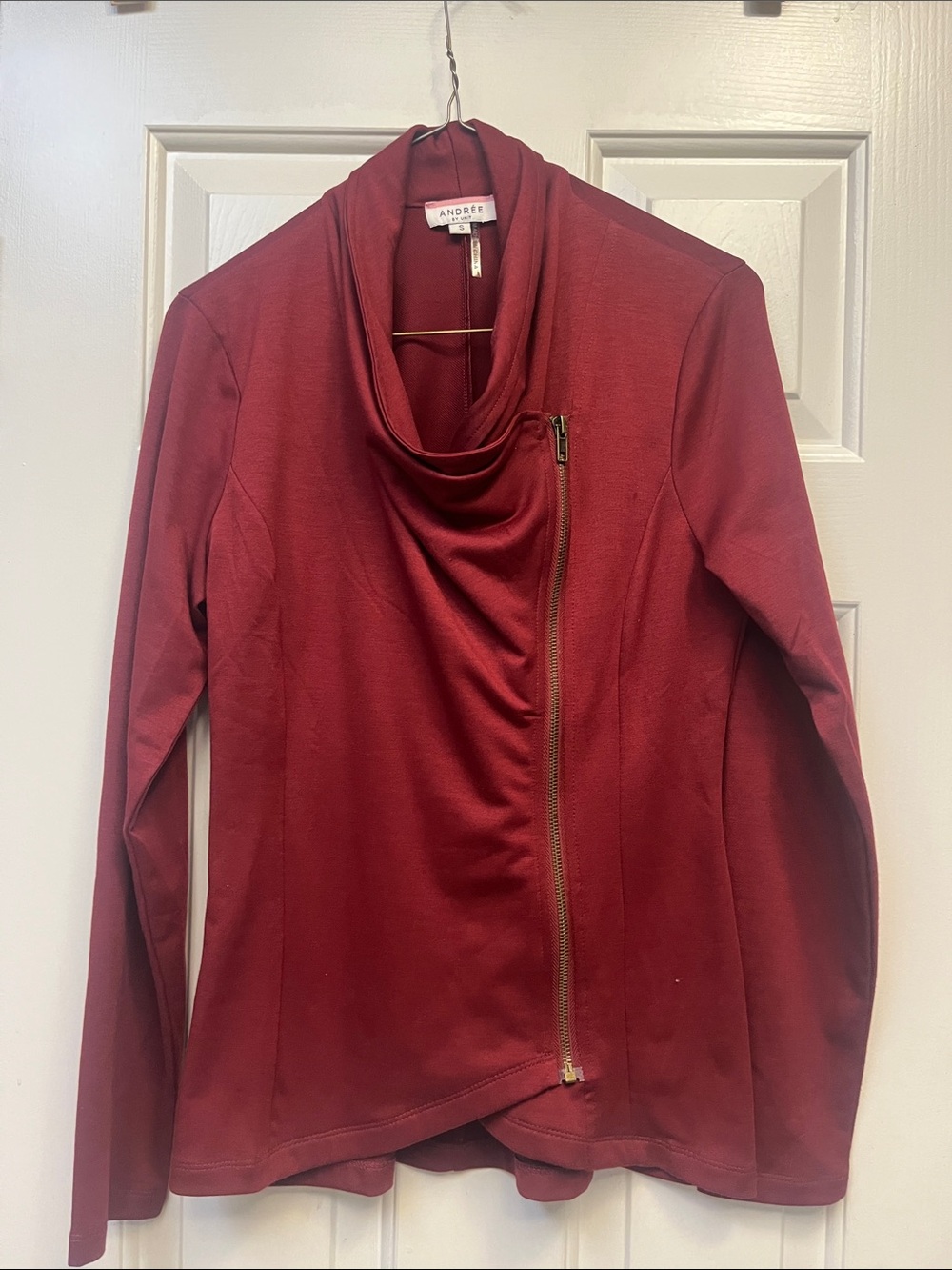 Andree Burgundy Red Asymmetric Zip Cowl Neck Jacket S NWOT
